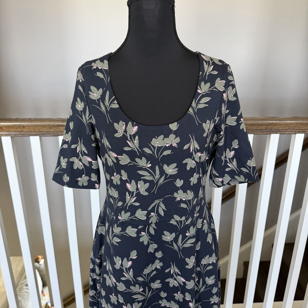 Pact Fit & Flare Midi Dress Size M Blue Floral Organic Cotton Short Sleeve - Picture 2 of 11